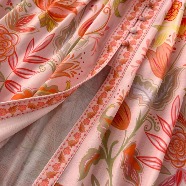 Elegant Pink Floral Long Sleeve Dress Women Spring Summer Linen - Image 4