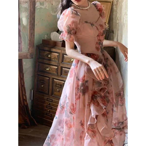 Pink Floral Dress Square Collar A-Line Chiffon Elegant Summer Fashion
