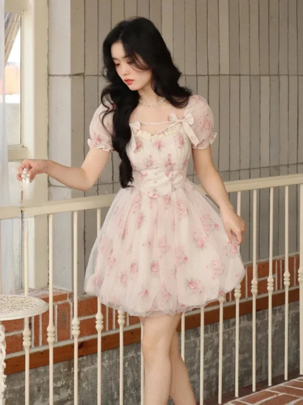 New Korean Fashion Pink Y2K Floral Mini Dress Summer Casual - Image 3