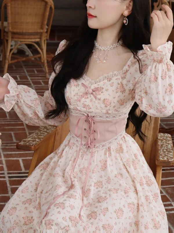 2025 Spring Pink Floral Bandage Lace Print Puff Sleeve Elegant Dress