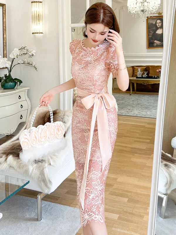 2025 Sweet Goddess Style Pink Lace Dress With Bow Lace-Up Split - Image 3