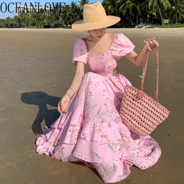 Oceanlove Pink Puff Sleeve Floral Beach Style Bohemia Dress Summer