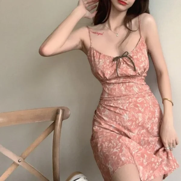 Women’s Pink Floral Spaghetti Strap Mini Dress Y2K Aesthetic Summer - Image 2