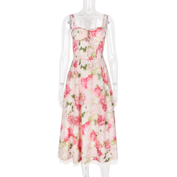 Pink Floral Dress, Backless Corset, Trendy Summer Midi for Brunch - Image 2