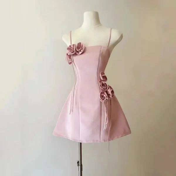 French Summer Pink Sexy Backless Spaghetti Strap Floral Party Dress