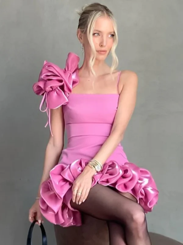 VC Pink Floral Trim One Shoulder Ruffled Bodycon Cocktail Dress - Image 2