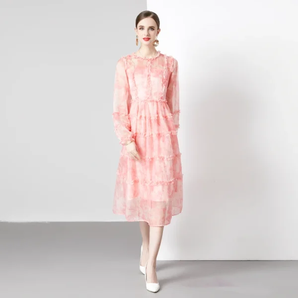 Pink Floral Dress: Elegant Autumn Chiffon Bohemian Maxi Dress - Image 4