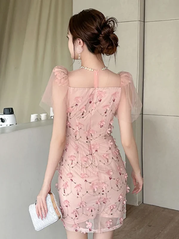 Pink Floral Dress Luxury Sexy Evening Gown Sheer Diamonds Elegant - Image 2