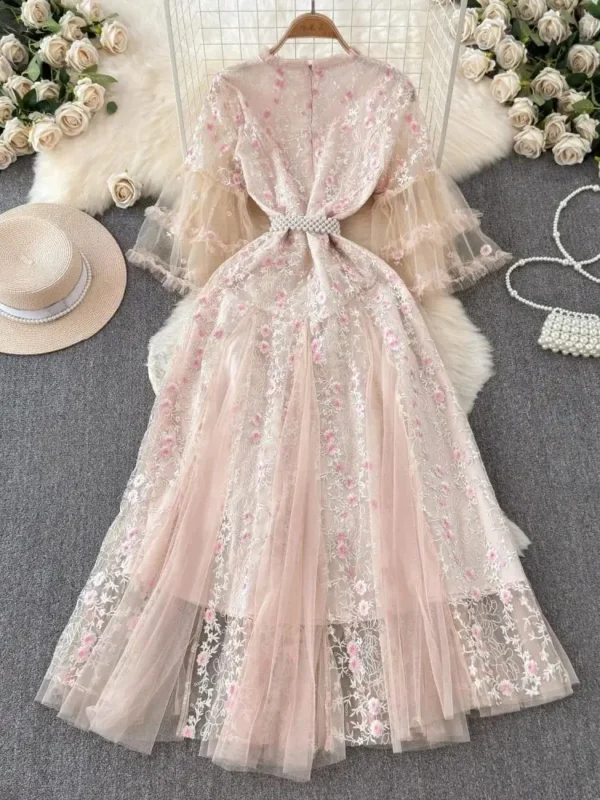 Evening Flower Embroidery Pink Lace Mesh Birthday Party Dress Women - Image 3