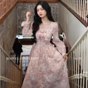 French Style Pink Floral Long Sleeve Slimming Princess Fairy Dress