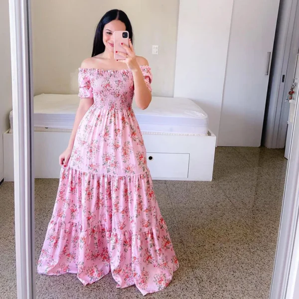 Pink Floral Dress, Sexy Off-Shoulder Tube Top Maxi for Summer Party