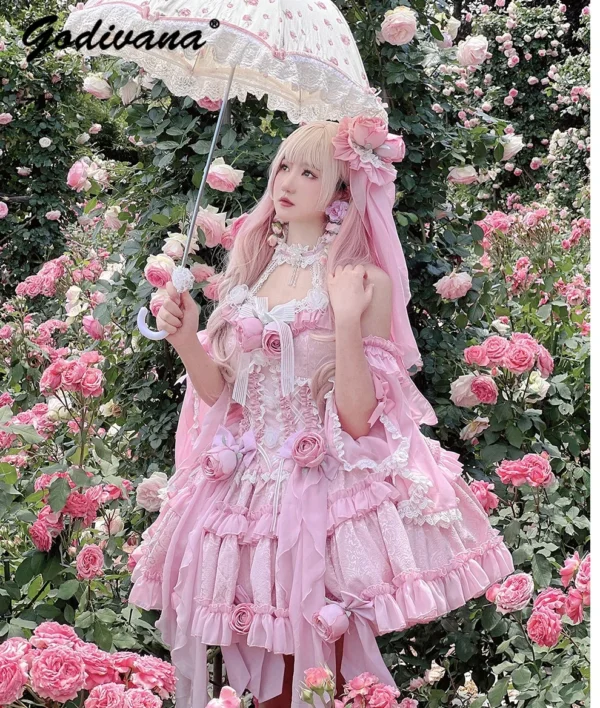 Pink Floral Dress Lolita Jacquard Rose Halter Slim Ball Gown Party Elegant Style
