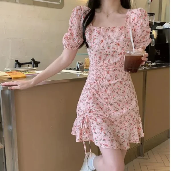 Summer Pink Floral Square Neck Casual Dress For Women Fashion - Image 3