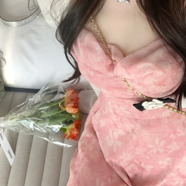 Pink floral dress, Korean style camisole, casual spring A-line dress - Image 4