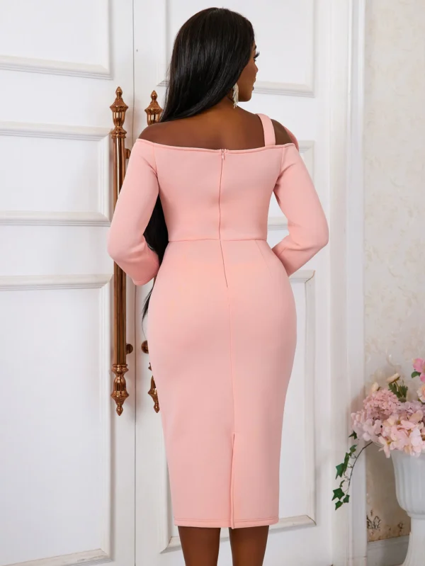 Pink Floral Dress Cold Shoulder Flower Appliques Bodycon Midi Gown - Image 6