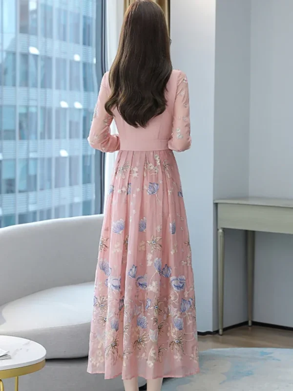 Pink Floral Dress: Autumn Winter Embroidery Ruffled Collar Casual Long Gown - Image 3
