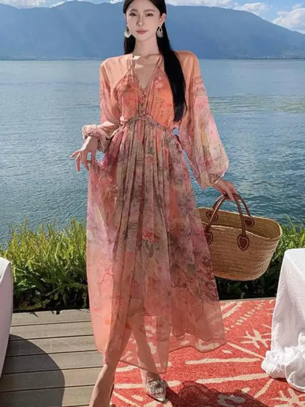 Bohemian Pink Floral V-Neck Dress For Spring Autumn Romantic Elegance - Image 3