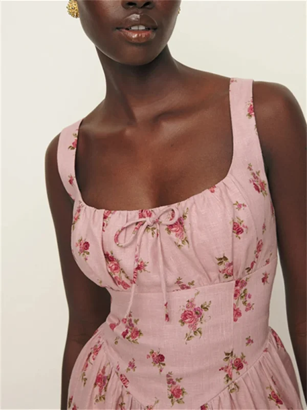 Women Pink Floral Print Sleeveless Slim Summer Linen Vacation Dress - Image 5