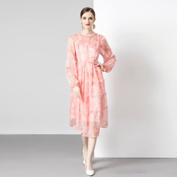 Pink Floral Dress: Elegant Autumn Chiffon Bohemian Maxi Dress - Image 3