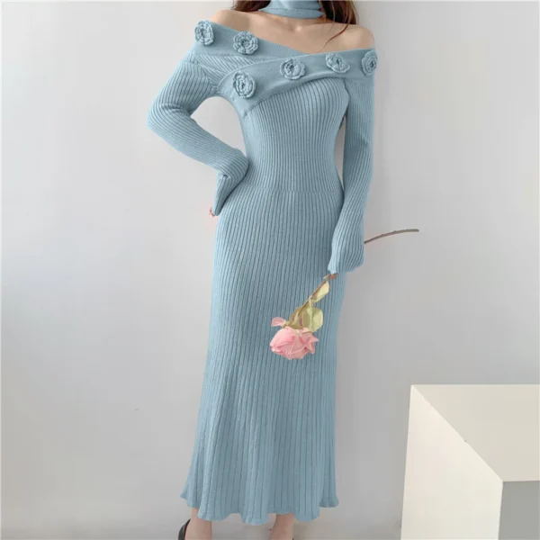 Elegant Pink Floral Knitted Sweater Dress Women Autumn Winter Bodycon - Image 5