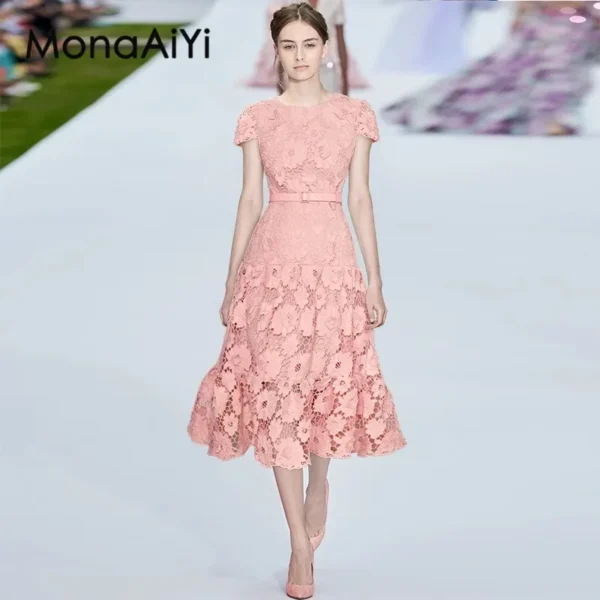 MonaAiYi Summer Fashion Pink Embroidery Hollow Out Belt Dress Women