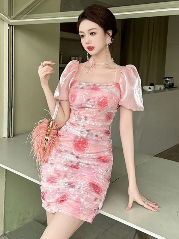 Summer Pink Mesh Floral Print Embroidery Puff Sleeve Party Dress - Image 4