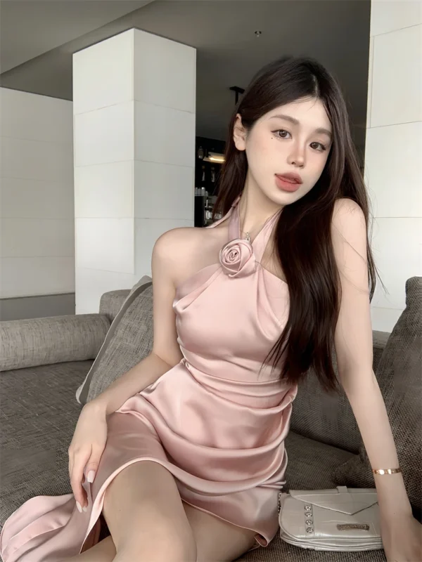 Elegant Backless Rose Flower Satin Pink Mini Dress For Summer Parties