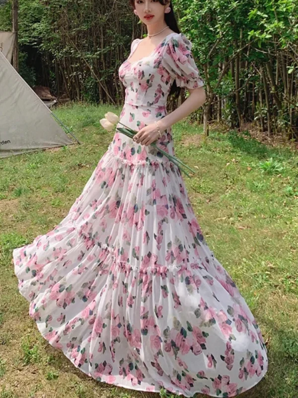 Women Elegant Floral Vintage Maxi Dress Square Neck A-Line Summer - Image 2