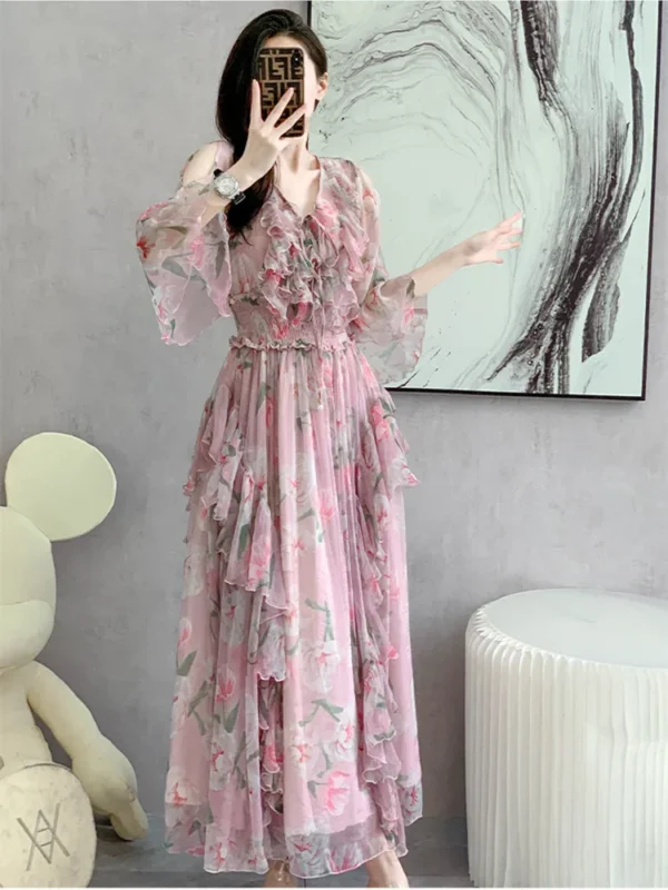 Pink Floral Dress Chiffon Ruffles Off Shoulder V Neck Party Elegant Gown - Image 2