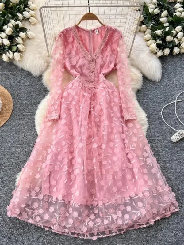 Pink Floral Dress, V-Neck Sheer Mesh for Wedding, Party, Prom