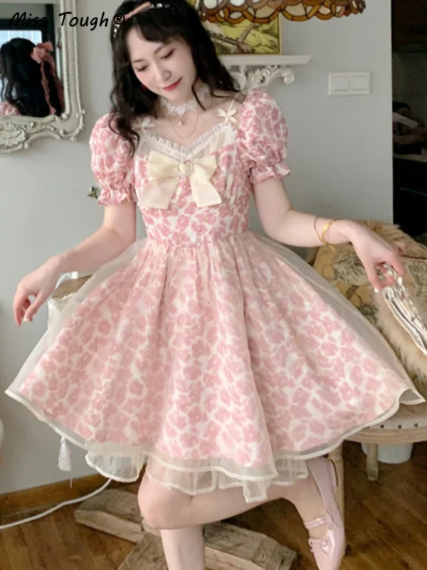 Lace Lolita Print Pink Bow Floral Y2K Sweet Party Mini Dress Women - Image 3