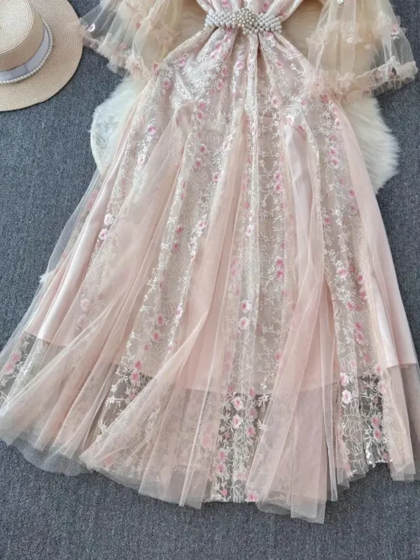 Evening Flower Embroidery Pink Lace Mesh Birthday Party Dress Women - Image 6