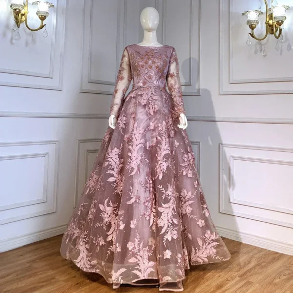 Pink Floral Dress: Muslim Long Sleeves A-Line Evening Gown