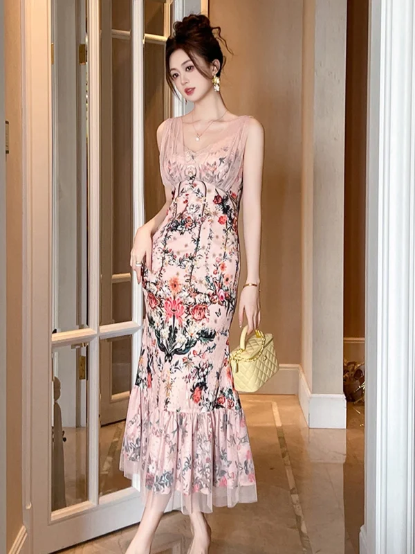 Sexy Pink Floral Mesh Fishtail Evening Party Dress for Women - Image 2