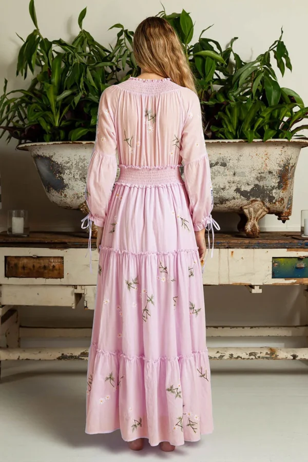 Pink Embroidery Floral Boho Dress Long Sleeve Vintage Casual Style - Image 3