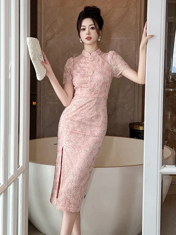 Pink Floral Dress: Elegant Qipao Cheongsam with High Waist Split - Image 4