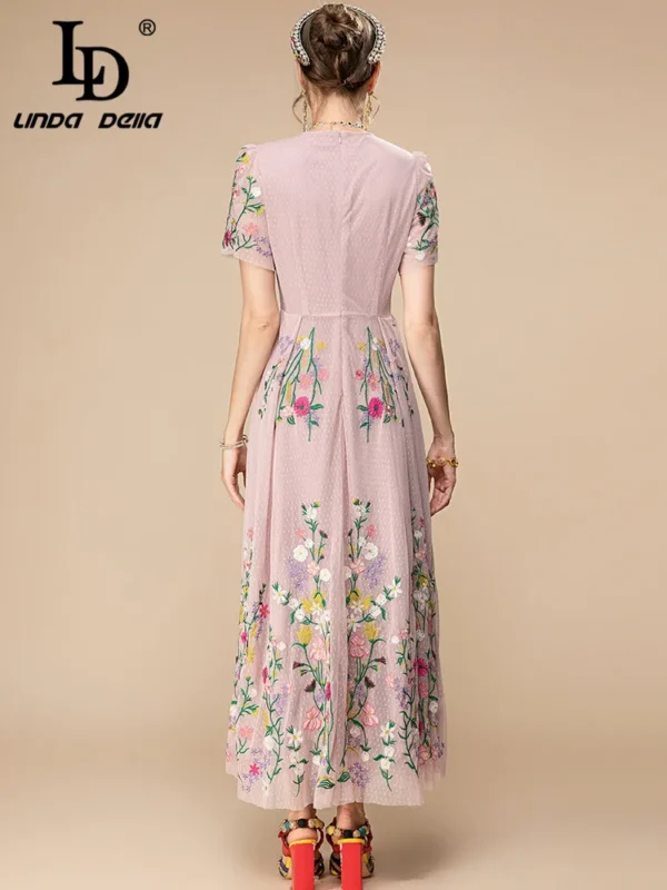 Pink Floral Dress Vintage Embroidery Mesh Party Long Dress Summer 2023 - Image 6