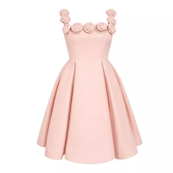 French Pink 3D Flower Diamond A-Line Dress For Evening Parties - Image 6