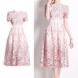 Elegant Pink Floral Lace Embroidery Midi Dress For Women Party 2025