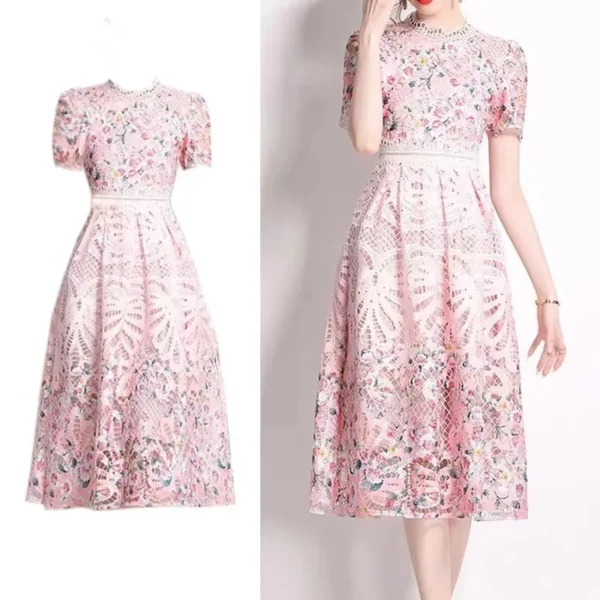 Elegant Pink Floral Lace Embroidery Midi Dress For Women Party 2025