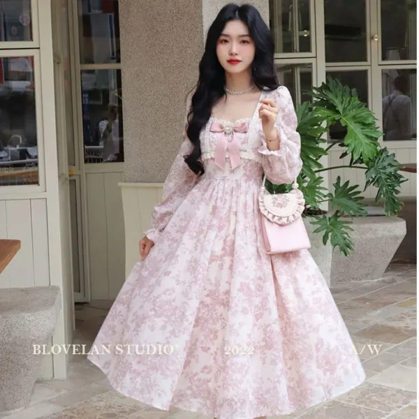 French Style Pink Floral Long Sleeve Slimming Princess Fairy Dress - Image 2