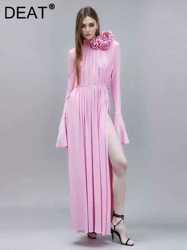 Pink floral dress, deep V-neck, long sleeve, ankle-length winter style