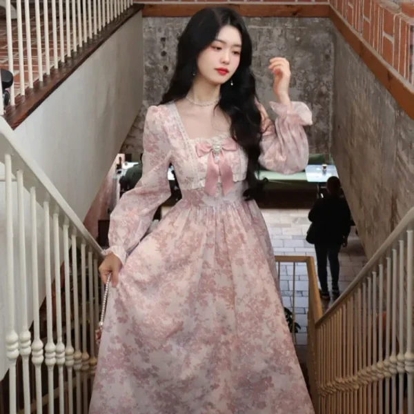 Sweet French Bow Dress Women's Spring Autumn Waist-Fitted Gown - Image 3