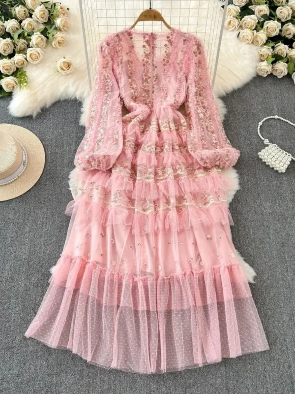 Sweet Fairy Pink Mesh Tulle V-Neck Flower Embroidery Ruffle Dress - Image 2
