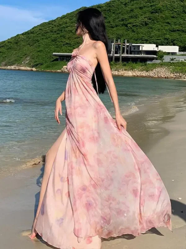 Pink Floral Halter Off Shoulder High Split Fairy Long Party Dress - Image 3