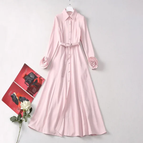 Pink Flower Long Sleeve Big Swing Dress With Three-Dimensional Flowers - Image 2