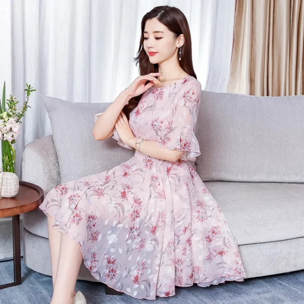 Vintage Pink Floral Chiffon Boho Midi Casual Beach Party Dress - Image 3
