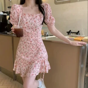 Summer Pink Floral Square Neck Casual Dress For Women Fashion