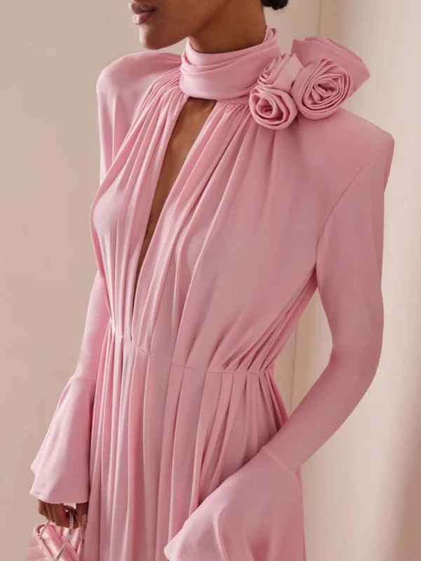 Pink Floral Dress Flare Sleeve Deep V Neck Split Elegant Evening Gown