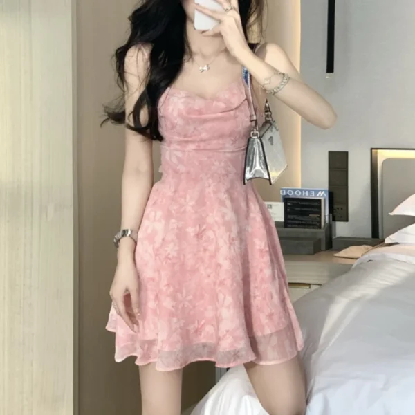 Pink floral dress, Korean style camisole, casual spring A-line dress - Image 5